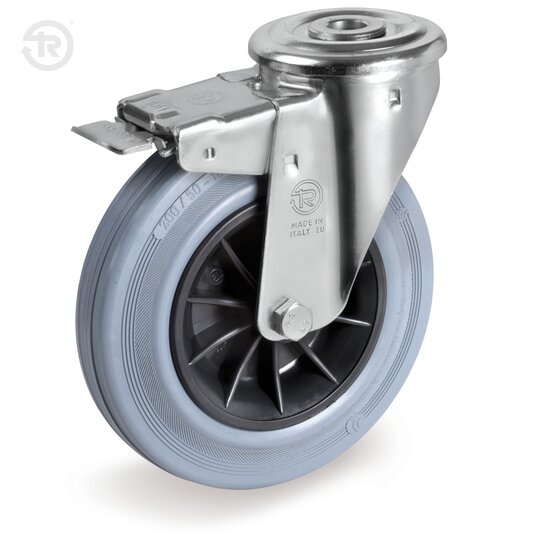 Grey Rubber Wheels, Swivel Castor With Bolt Hole NL, Brake — Tellure Rota