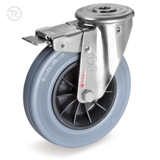 Grey Rubber Wheels, Stainless Steel Swivel Castor With Bolt Hole NLX, Brake — Tellure Rota