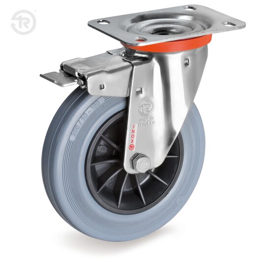 Grey Rubber Wheels, Stainless Steel Swivel Castor NLX, Brake — Tellure Rota