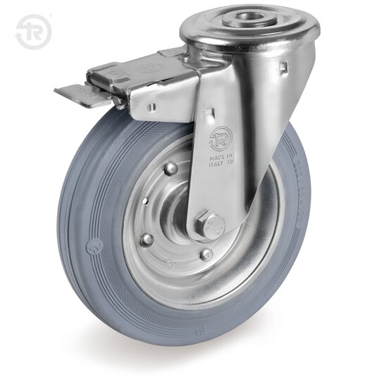 Grey Rubber Wheels, Swivel Castor With Bolt Hole NL, Brake — Tellure Rota