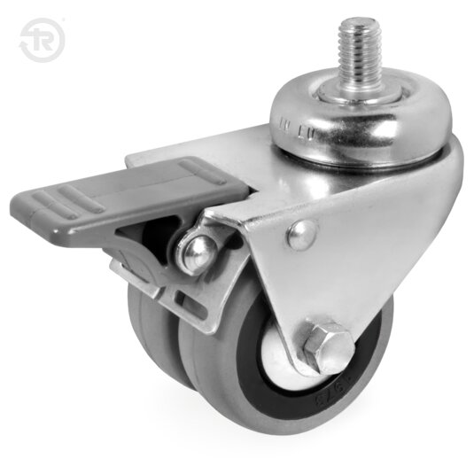 Twin Rubber Wheels With Thread Guards, Swivel Castor With Stem, Brake — Tellure Rota
