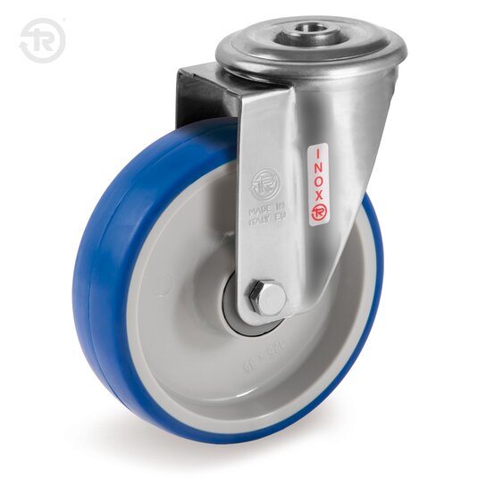Ruote In Poliuretano Termoplastico Soft, Supporto Rotante Foro Passante Inox NLX — Tellure Rota