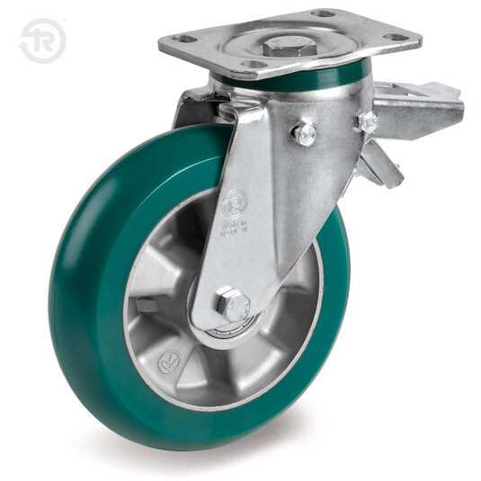 TR Roll Polyurethane Wheels, Round Profile, Swivel Castor PT, Brake — Tellure Rota
