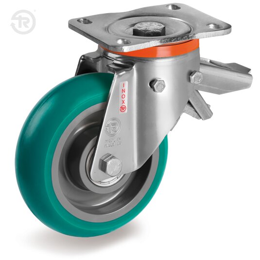 TR Roll Polyurethane Wheels With Round Profile, Castor Px, Brake — Tellure Rota