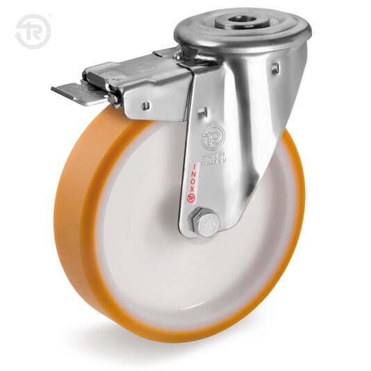 Ruote In Poliuretano TR, Supporto Rotante Foro Passante Inox NLX, Freno — Tellure Rota