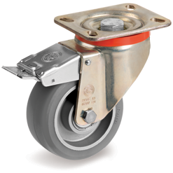 Tellure Rota 627202ESD — Ruote in poliuretano ESD 'TR Roll', resistenza elettrica <10^9 Ohm, supporto rotante piastra P con freno anteriore — 627202ESD | Tellure Rota