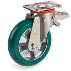 Tellure Rota 629203 — 'TR Roll' polyurethane wheels with ergonomic round profile, aluminium centre, swivel medium-heavy duty bracket (P) with brake — 629203 | Tellure Rota