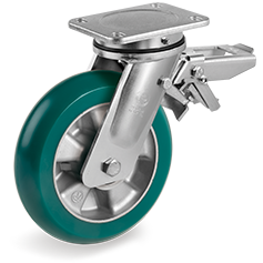 Tellure Rota 629804 — Ruote in poliuretano 'TR Roll' con profilo bombato ergonomico, nucleo in alluminio, supporto rotante elettrosaldato (EE MHD) con freno posteriore — 629804 | Tellure Rota