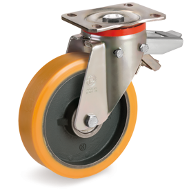 Tellure Rota 644863 — Ruote in poliuretano 'TR', nucleo in ghisa, supporto rotante piastra P con freno posteriore — 644863 | Tellure Rota
