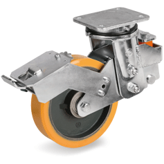 Tellure Rota 649506 — Ruote in Poliuretano TR, nucleo in ghisa meccanica, supporto rotante piastra molleggiato EES MHD con freno — 649506 | Tellure Rota