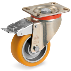 Tellure Rota 655502 — Ruote in poliuretano 'TR' ad alto spessore, nucleo in alluminio, supporto rotante piastra P con freno anteriore — 655502 | Tellure Rota