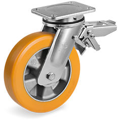 Tellure Rota 655814 — Ruote in poliuretano 'TR' alto spessore, corpo in alluminio, supporto rotante a piastra EE MHD con freno — 655814 | Tellure Rota