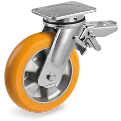 Tellure Rota 656334 — Ruote in poliuretano TR con profilo bombato ergonomico, nucleo in alluminio, supporto rotante elettrosaldato (EE MHD) con freno — 656334 | Tellure Rota