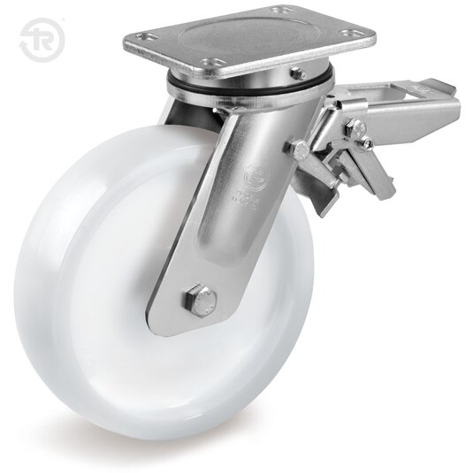 Tellure Rota 688704 — Polyamide 6 solid wheels for heavy loads, swivel top plate bracket type EE MHD, rear adjustable brake — 688704 | Tellure Rota