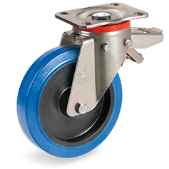 Tellure Rota 736204AE — Non-marking blu elastic rubber wheels, polyamide 6 centre, swivel top plate bracket type P with rear lock — 736204AE | Tellure Rota